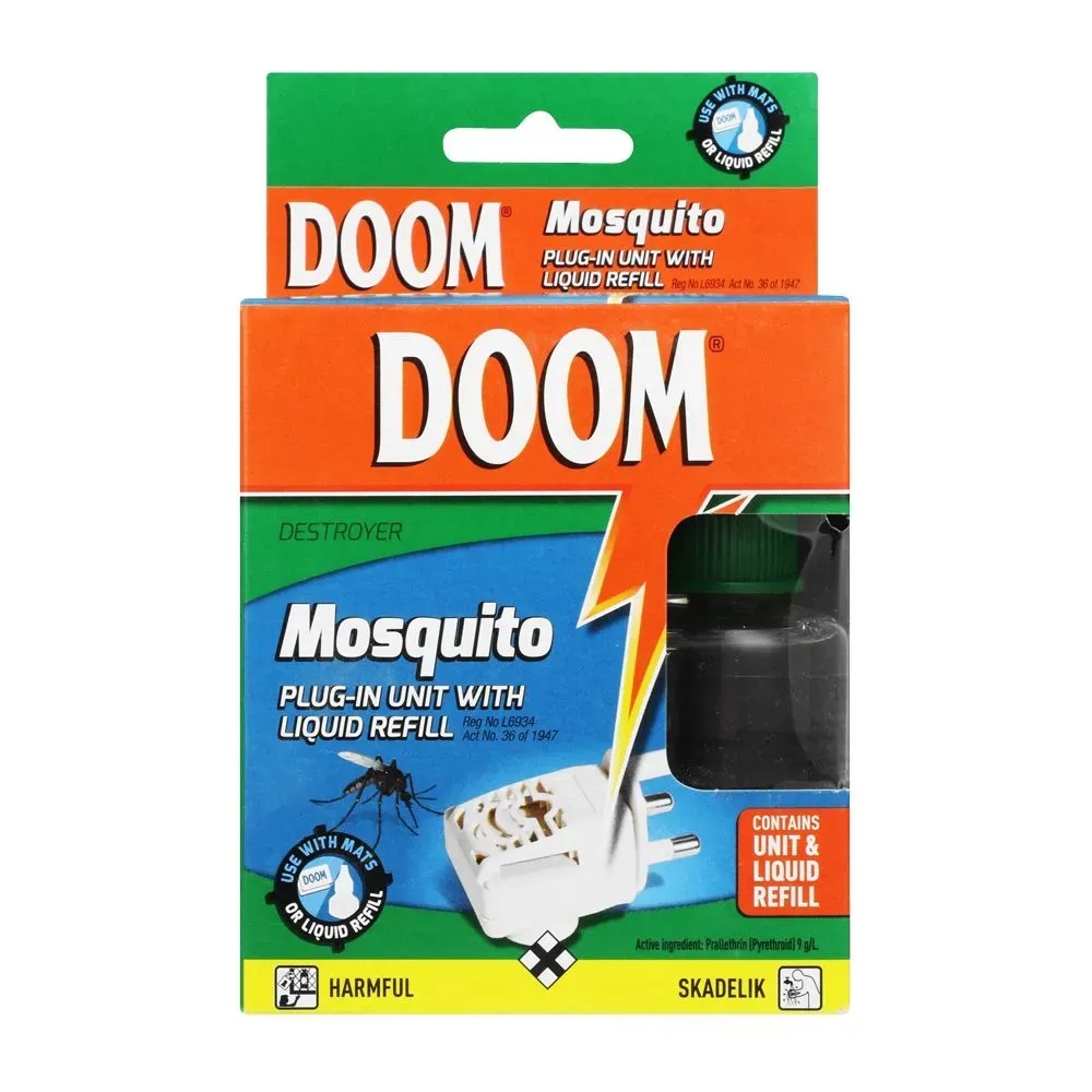 Front of Doom Destroyer Mosquito Plug-In Unit with Liquid Refill starter kit 35 ml box