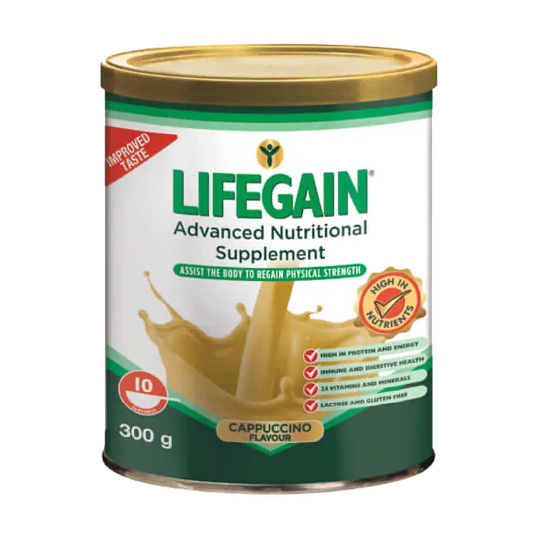 Front of Nativa Lifegain Cappuccino Advanced Nutritional Supplement 300 g tin