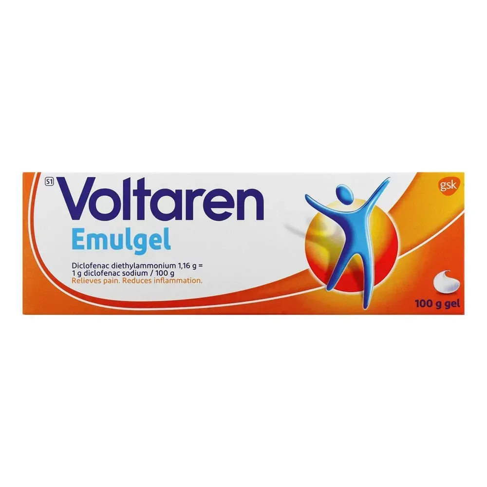 Front of Voltaren Emulgel 100 g tube box on white background