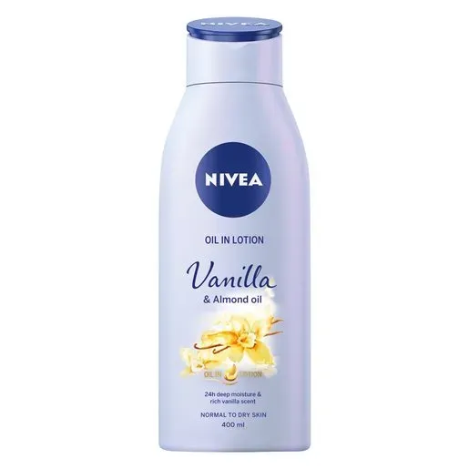 Front of NIVEA Vanilla & Almond Oil Lotion 400 ml bottle