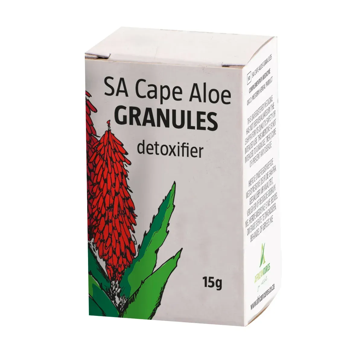 Angled view of African Cures SA Cape Aloe Granules detoxifier 15 g box