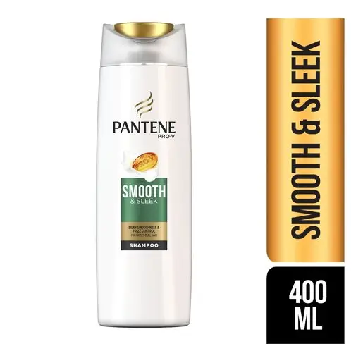 Front of Pantene Pro-V Smooth & Sleek Shampoo 400 ml bottle with pack size tag