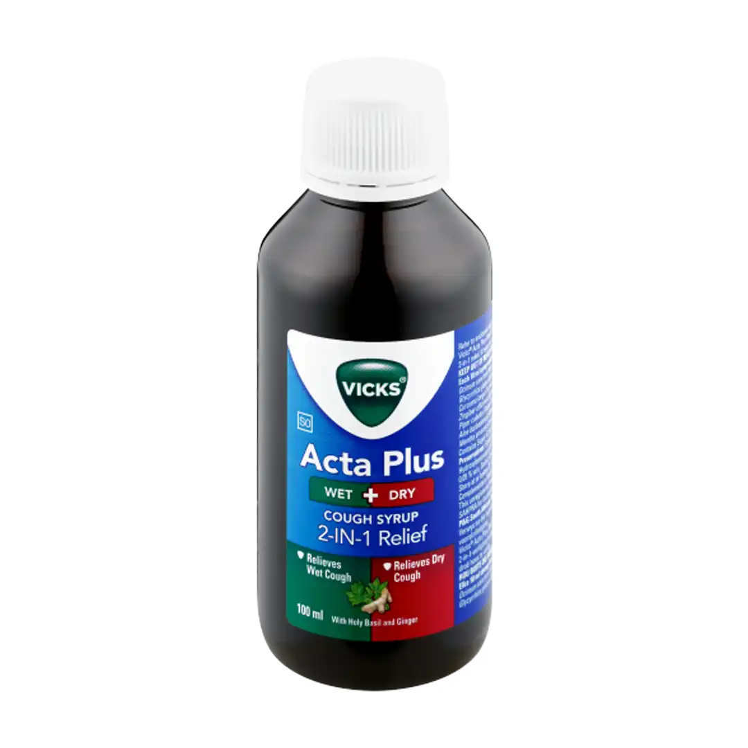 Front of Vicks Acta Plus Wet+Dry Cough Syrup 100 ml bottle