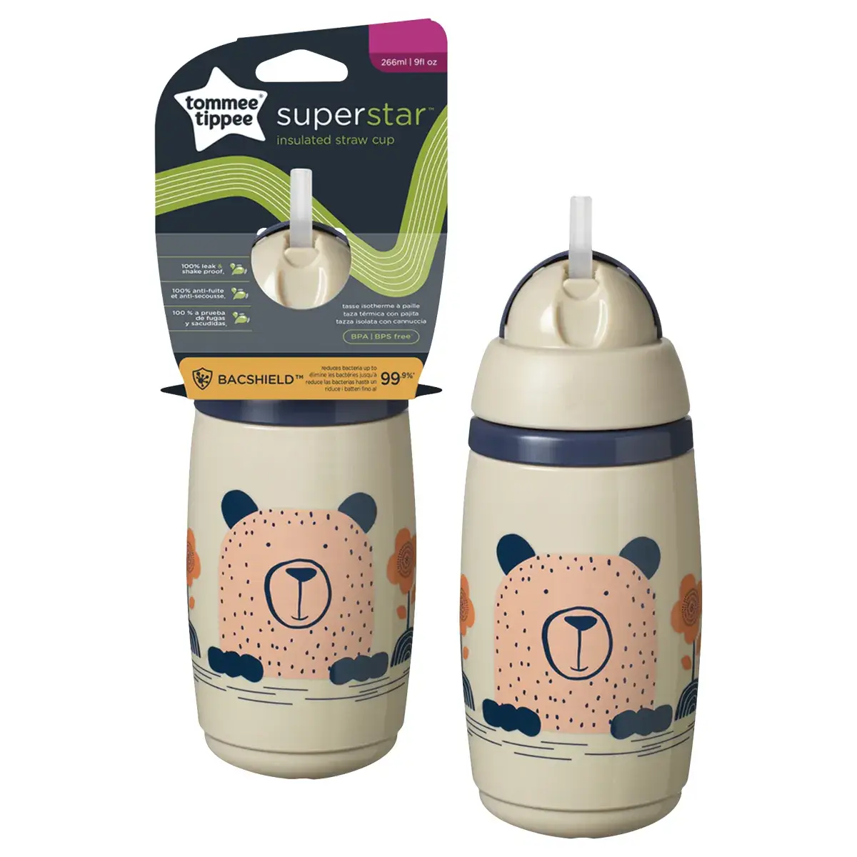 Tommee Tippee Superstar Insulated Straw Cup 266ml with bear design, packaged and unpackaged, high resolution