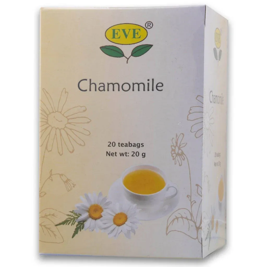 Front of Eve's Chamomile Tea box, 20 teabags