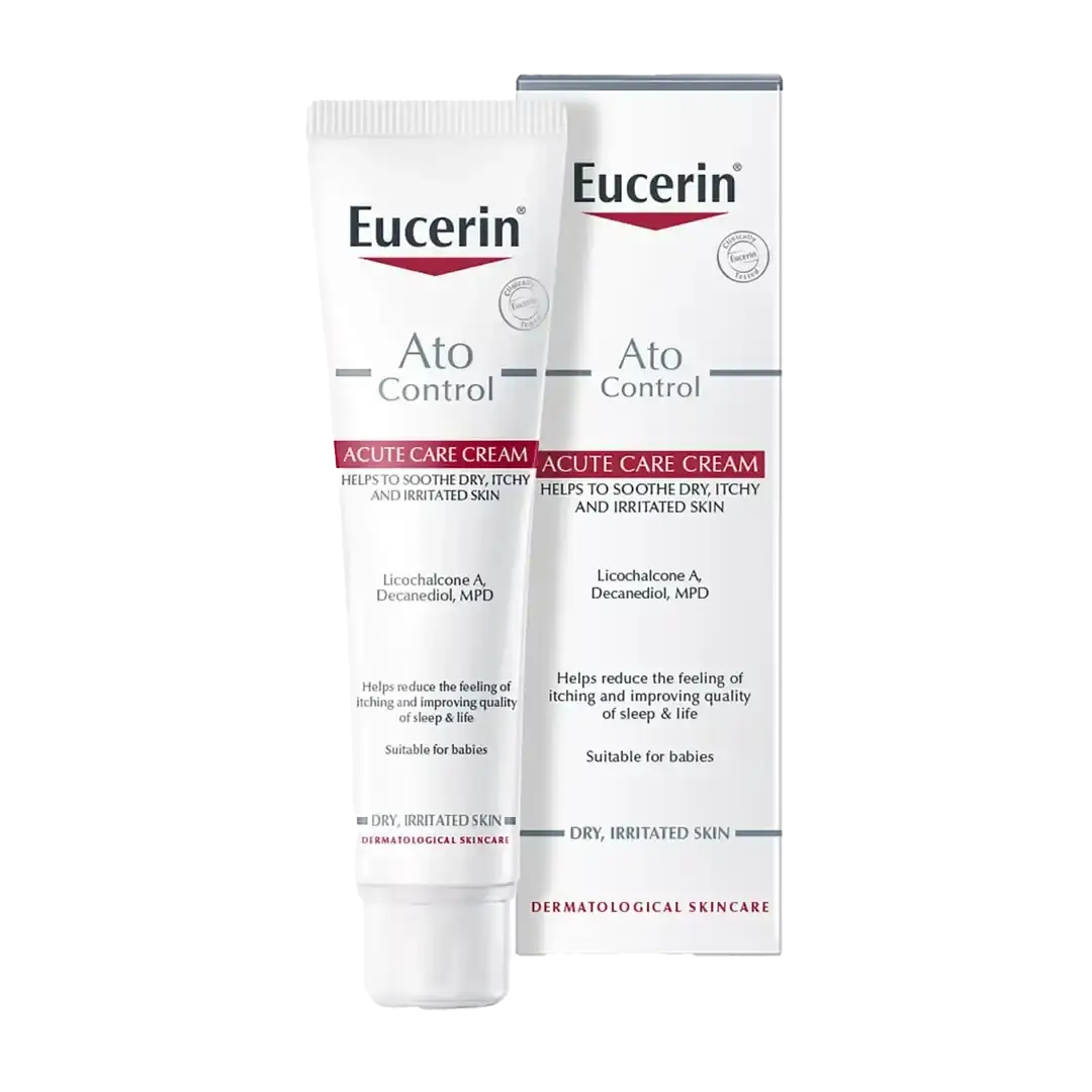 Front of Eucerin Ato Control Acute Care Cream tube and box, 40 ml