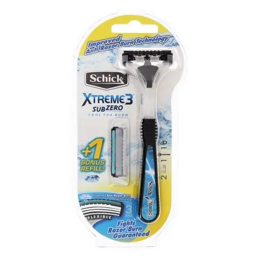 Front of Schick Xtreme 3 SubZero razor with bonus cartridge refill pack, 2 cartridges