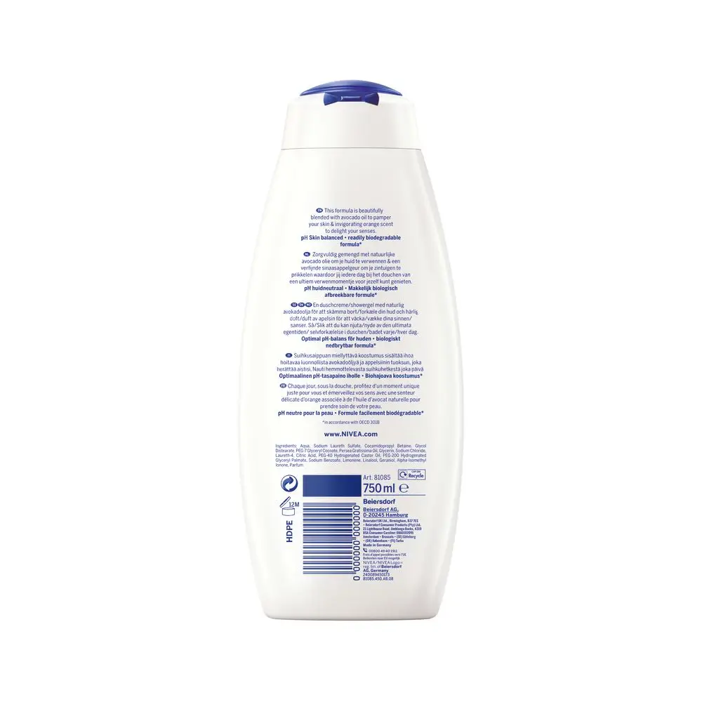 Back of NIVEA Orange & Avocado Oil Caring Shower Cream 750 ml with ingredients and barcode