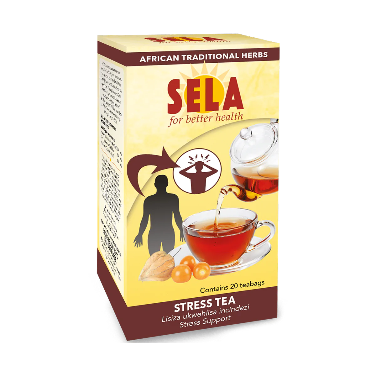Front of Sela Stress Tea box, 20 teabags