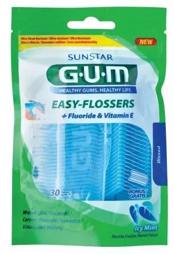 Front of Sunstar GUM Easy-Flossers Waxed Icy Mint 30 count pack