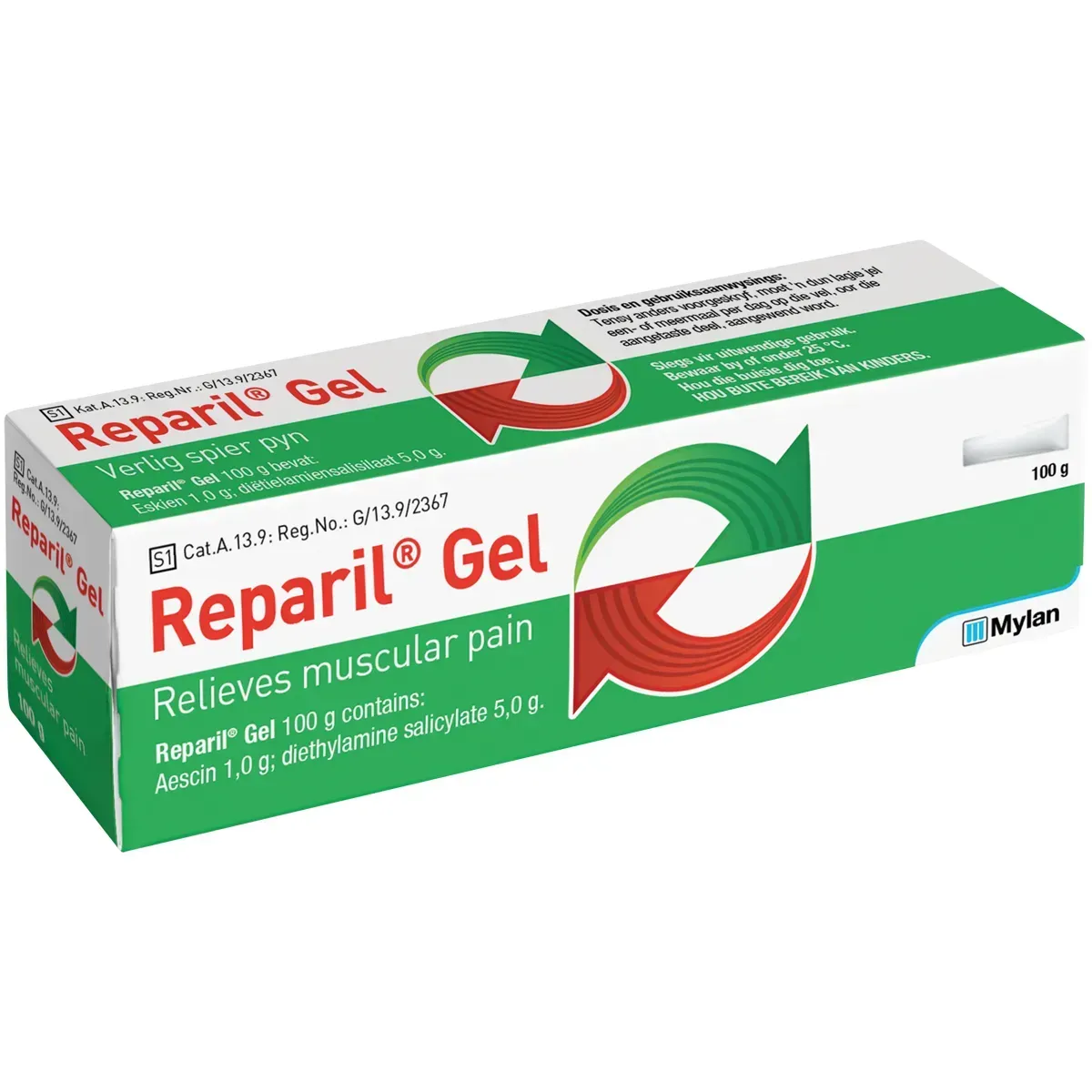 Angled view of Reparil Gel 100 g box by Mylan