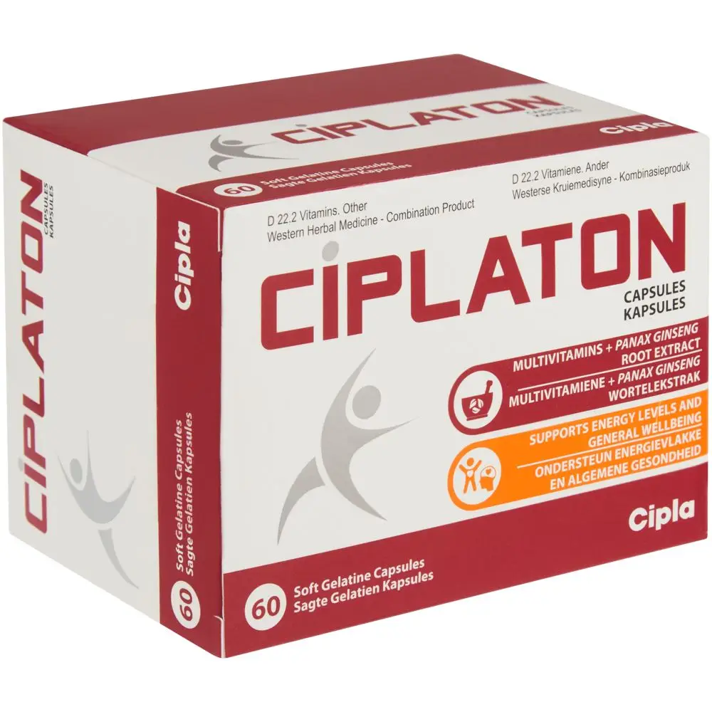 Angled view of Ciplaton Capsules 60's box by Cipla