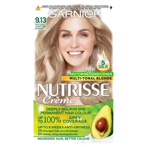 Front of Garnier Nutrisse Creme 9.13 Natural Light Ash Blonde hair colour box