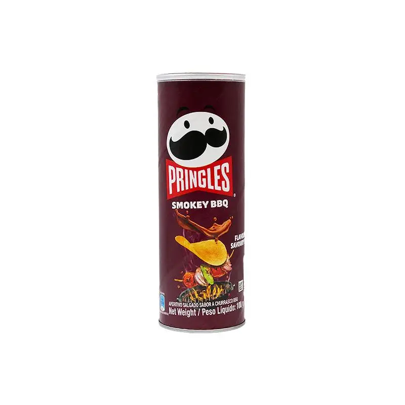 Front of Pringles Smokey BBQ flavoured potato crisps can, 100 g