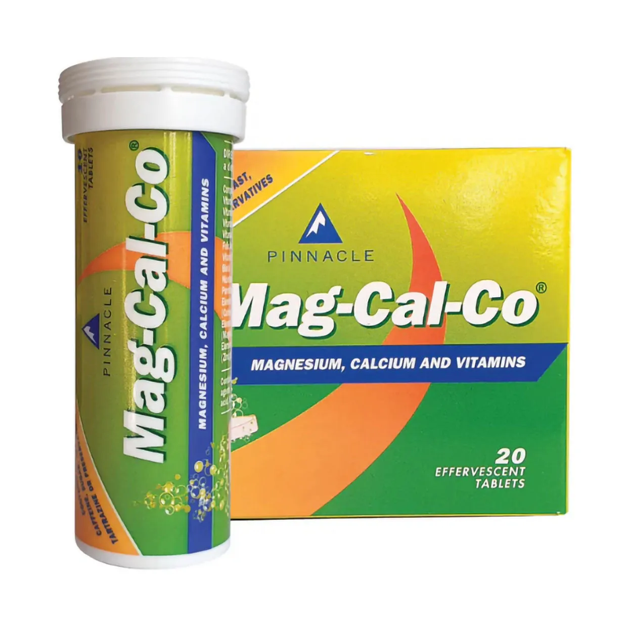 Front of Pinnacle Mag-Cal-Co Effervescent Tablets, box and tube of 20 tablets