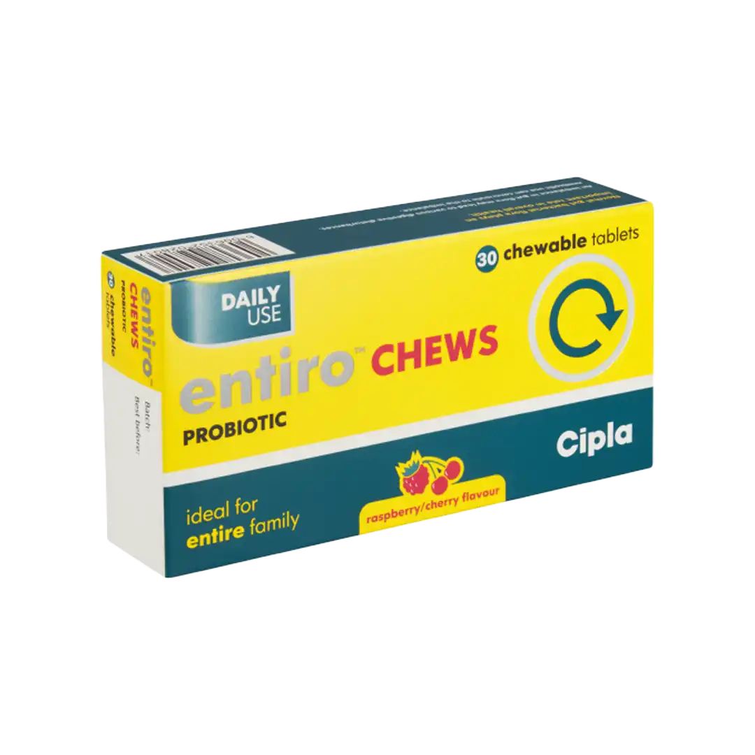 Angled view of Entiro Probiotic Junior Chewable raspberry/cherry flavour 30 tablets box on white background