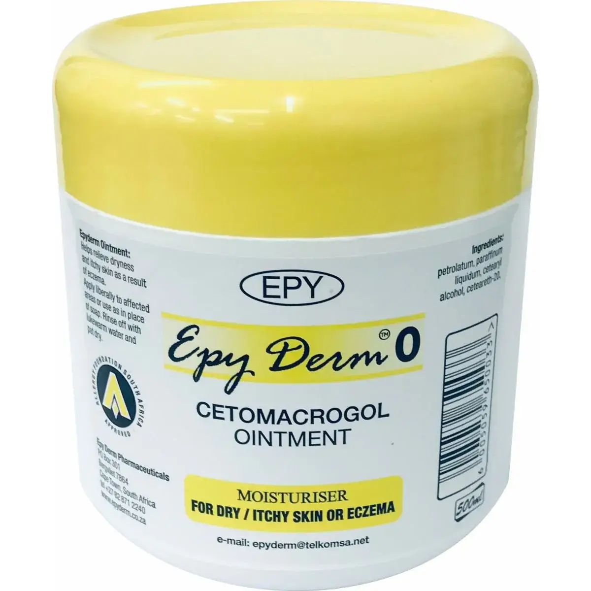 Front angled view of Epy Derm Cetomacrogol Ointment 500 g tub