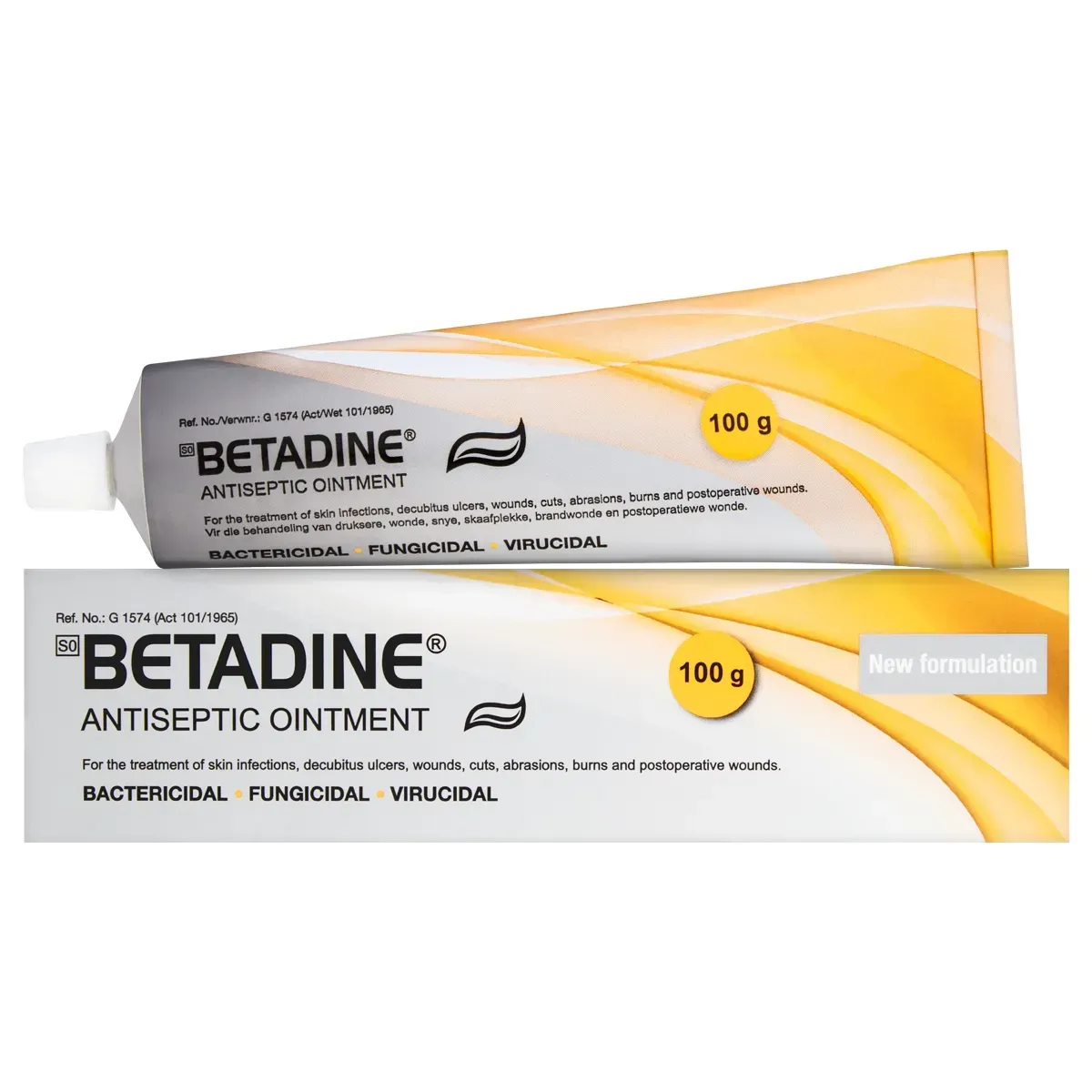 Betadine Antiseptic Ointment 100 g tube and box on white background