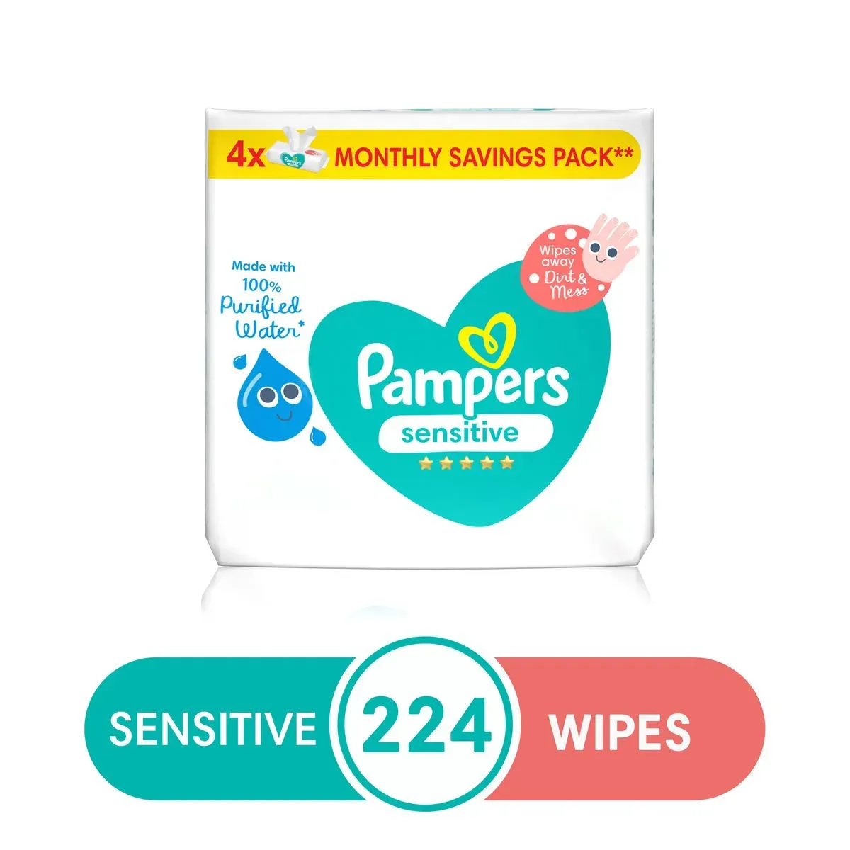 Front of Pampers Sensitive Baby Wipes 4x56 Monthly Savings Pack, 224 wipes total