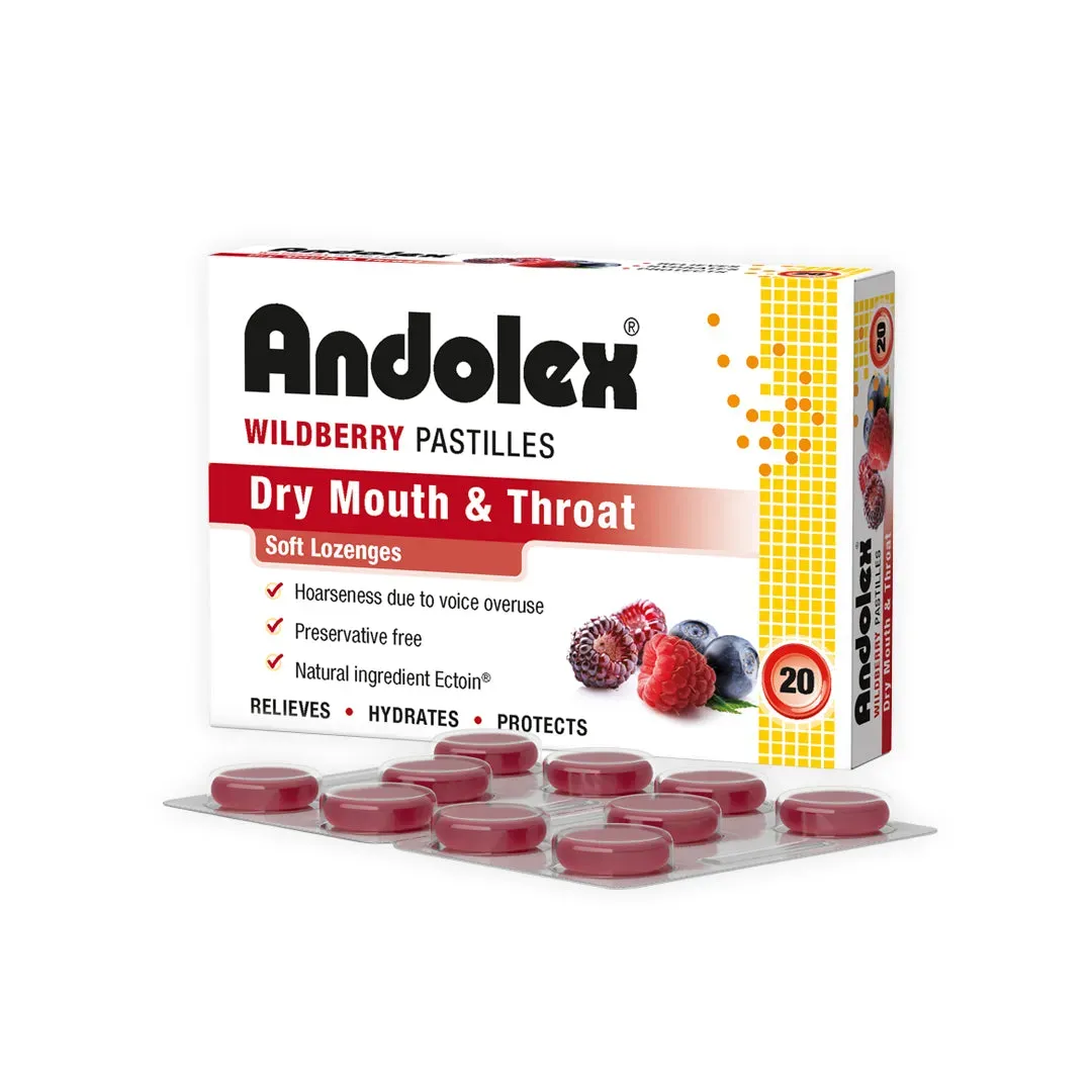 Angled front view of Andolex-C Wildberry Pastilles 20 box with blister pack