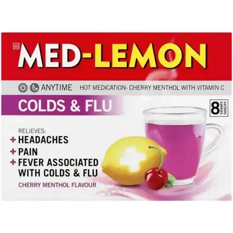 Front of Med-Lemon Cherry Menthol 8 sachets colds and flu box
