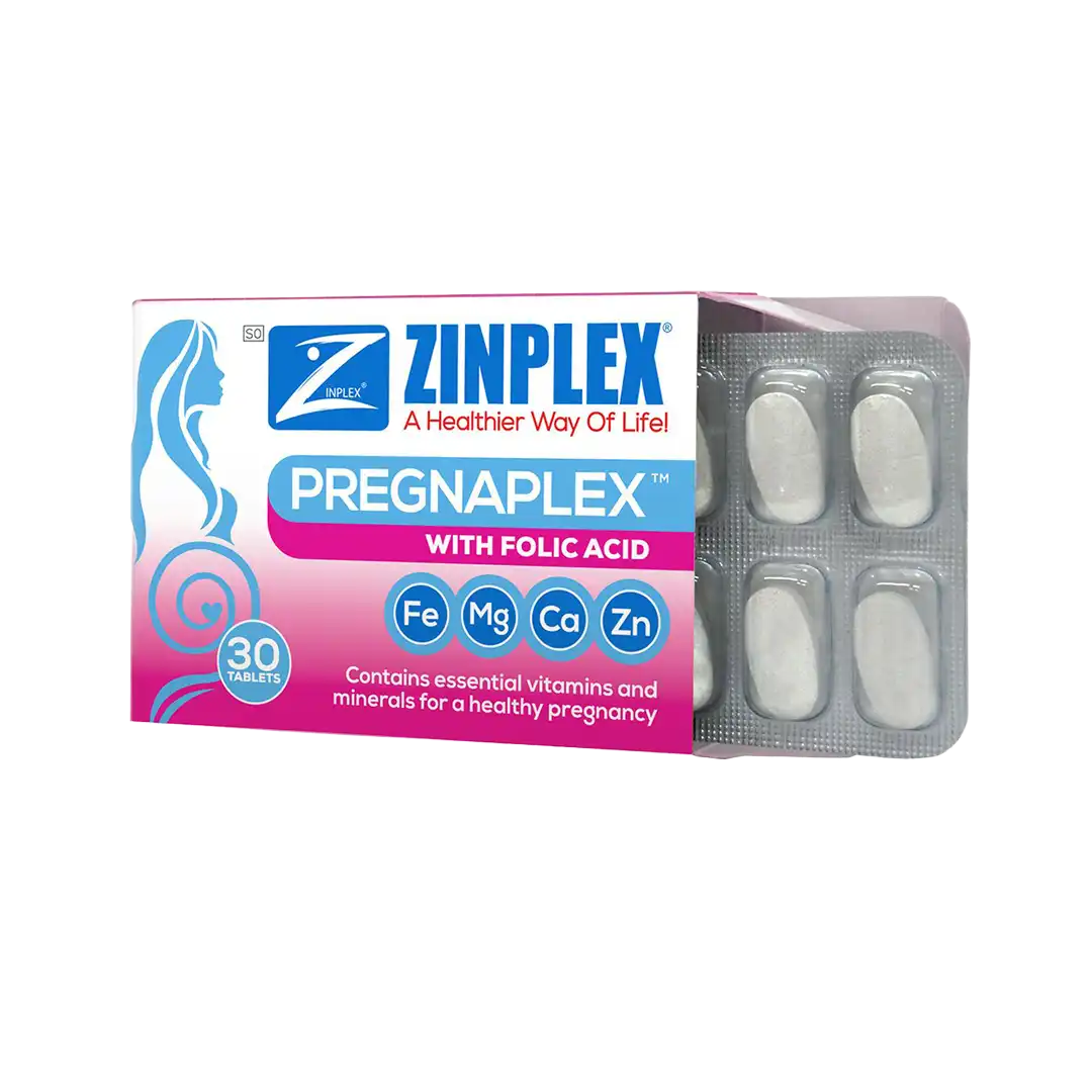 Angled view of Zinplex Pregnaplex with Folic Acid 30 tablets box and blister pack