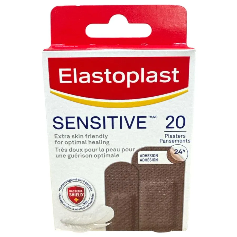 Front of Elastoplast Sensitive Dark Plasters box, 20 plasters