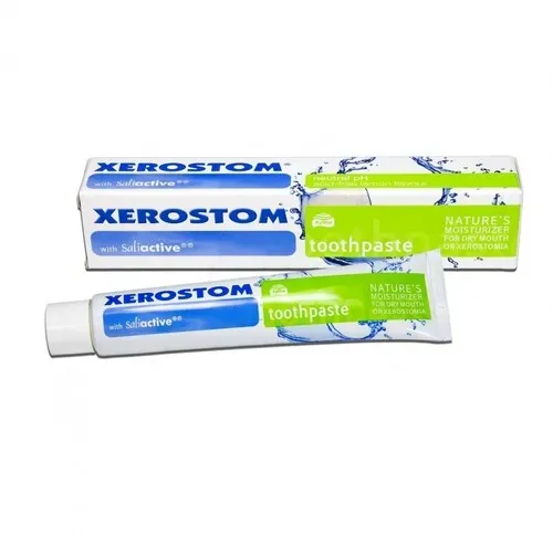 Angled view of Xerostom Toothpaste box and tube 50 ml