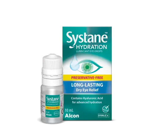 Front of Systane Hydration Preservative-Free Lubricant Eye Drops 10 ml box and bottle