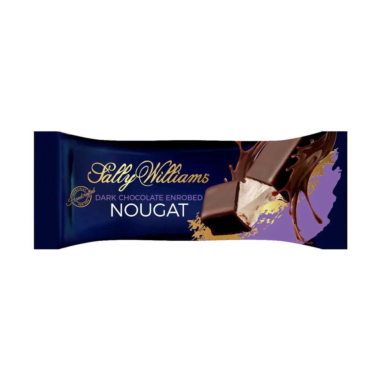 Front of Sally Williams Dark Chocolate Enrobed Nougat bar, 50g