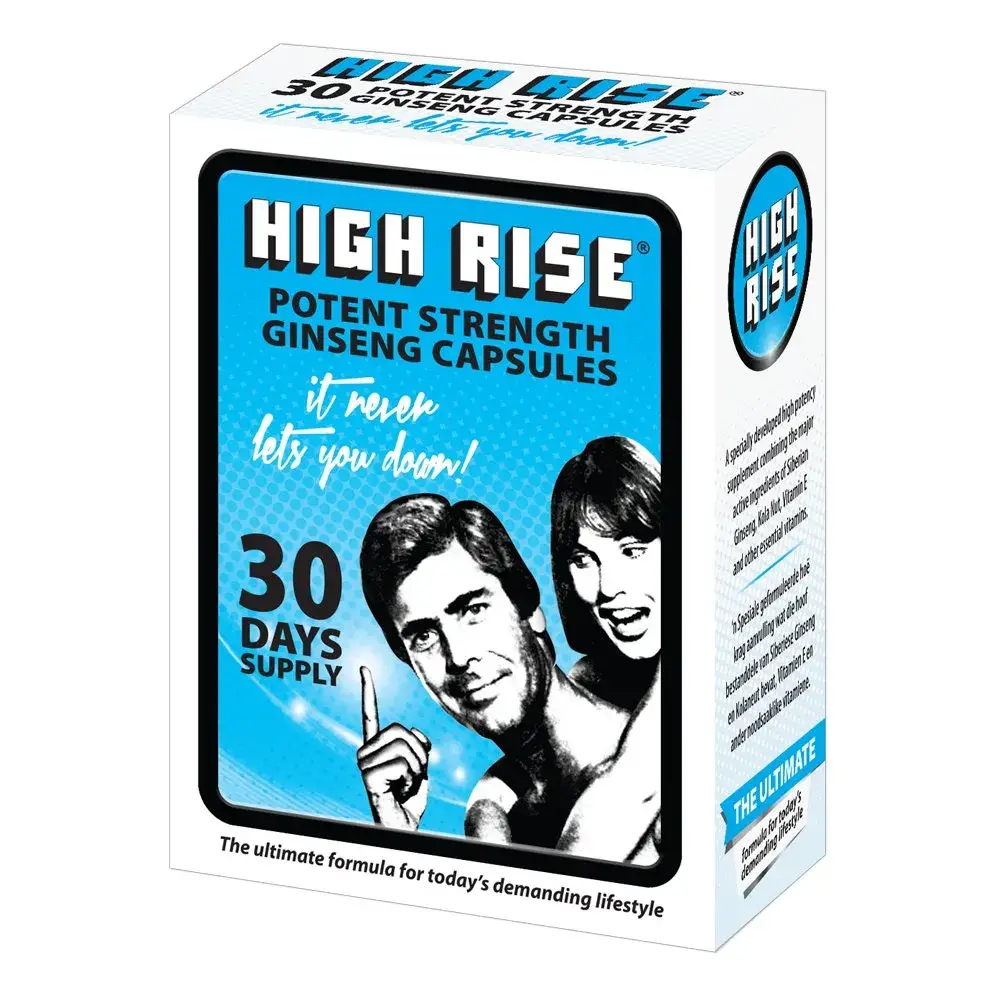Angled view of High Rise Potent Strength Ginseng Capsules box, 30 capsules