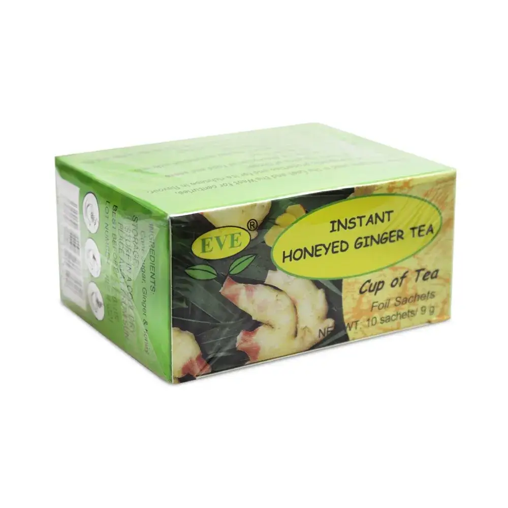 Angled view of Eve's Instant Honeyed Ginger Tea box, 10 sachets