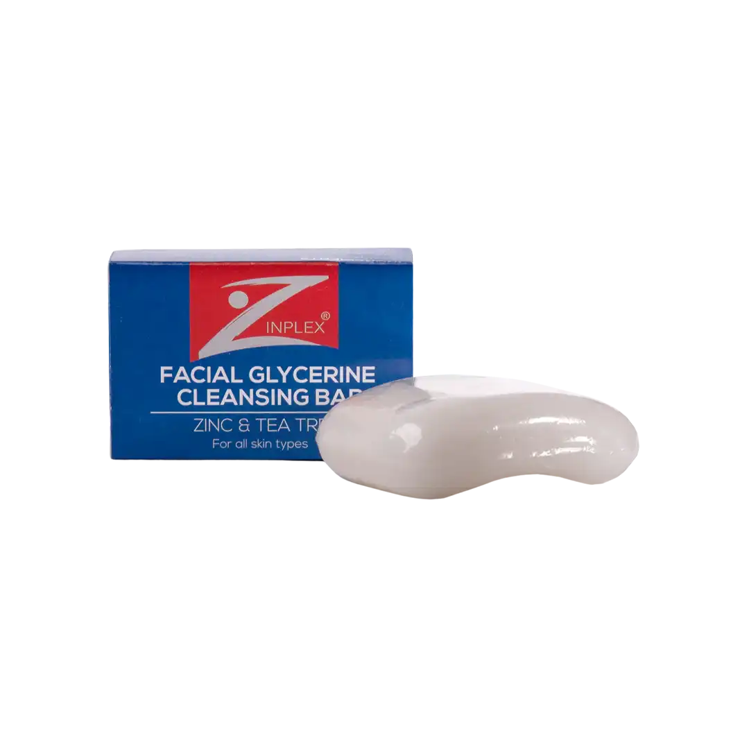Front of Zinplex Facial Glycerine Cleansing Bar Zinc & Tea Tree 100g box with soap bar