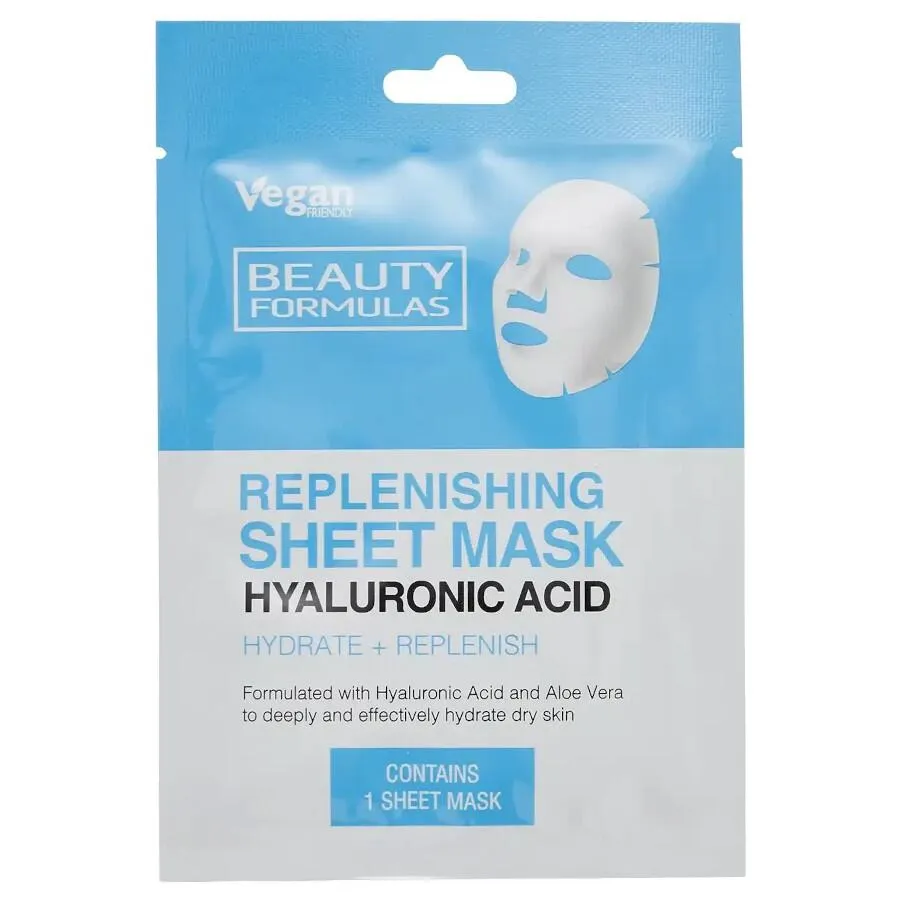 Front of Beauty Formulas Replenishing Sheet Mask Hyaluronic Acid sachet, contains 1 sheet mask