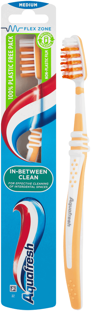 Front of Aquafresh In-Between Clean Medium toothbrush pack, orange bristles