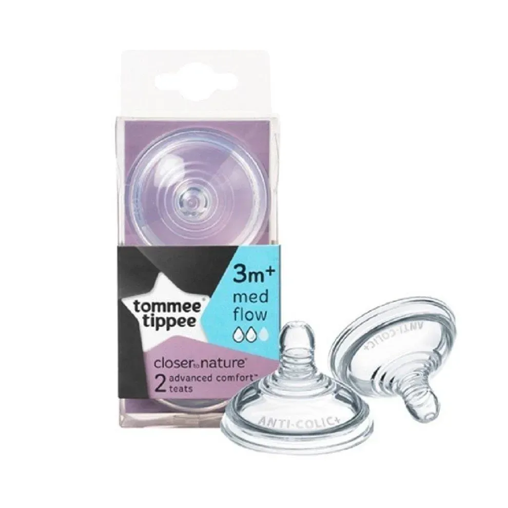 Front of Tommee Tippee Closer to Nature Advanced Comfort Medium Flow teats 2 pack box