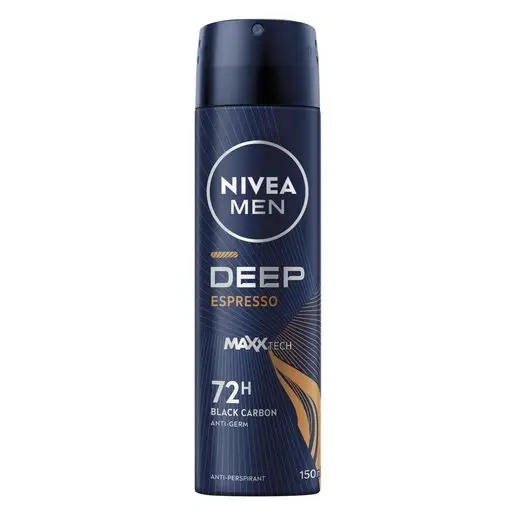 Front of Nivea Men Deep Espresso Black Carbon deodorant spray 150 ml on white background