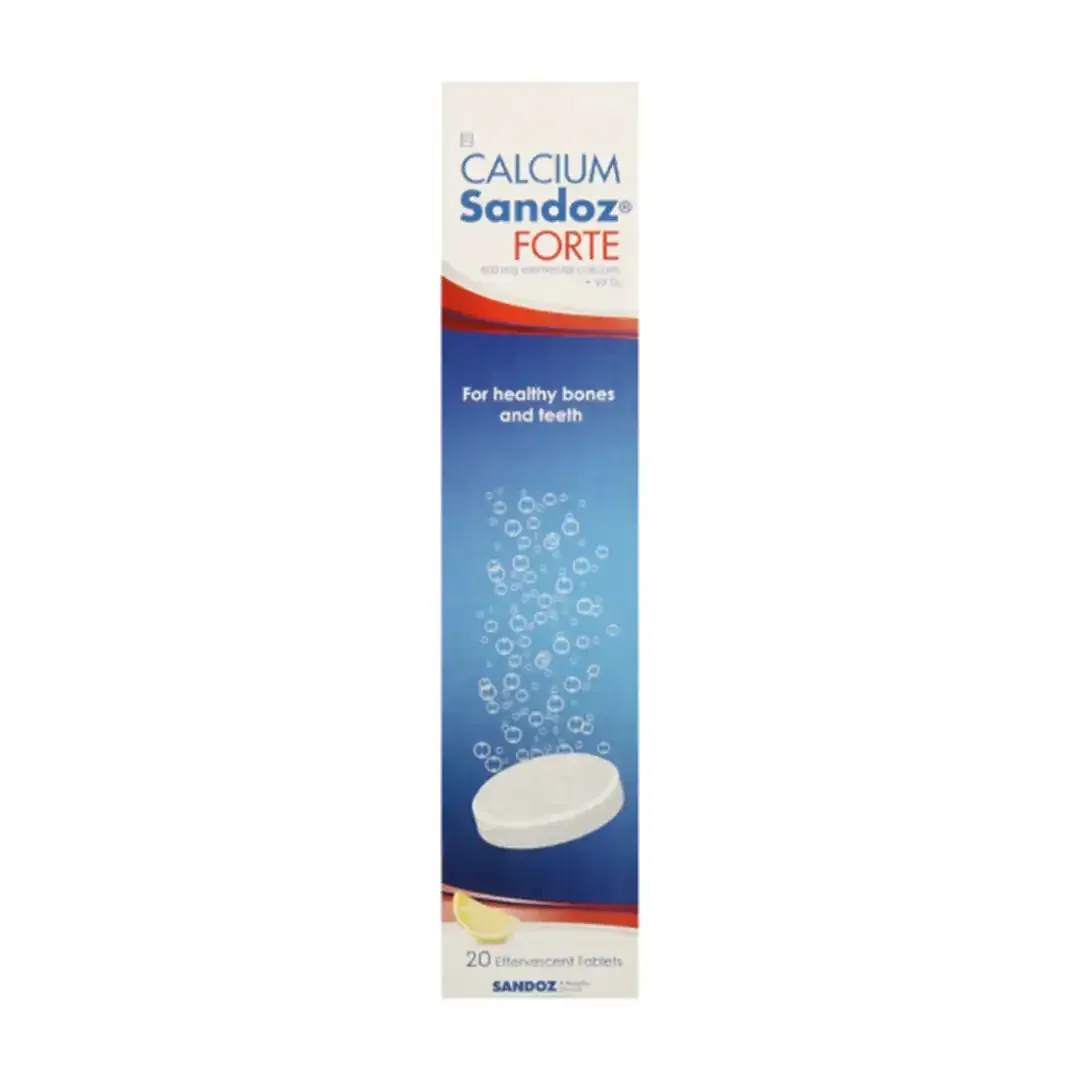 Front of Calcium Sandoz Forte 600mg effervescent tablets, 20 tablets