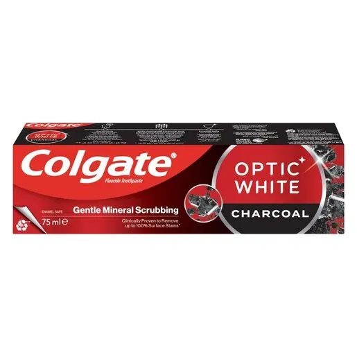 Front view of Colgate Optic White Charcoal toothpaste box 75 ml