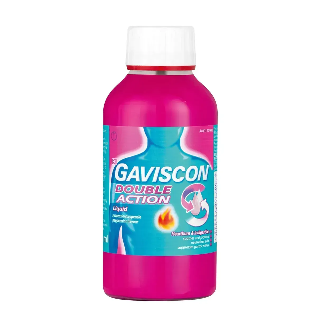 Front of Gaviscon Double Action Liquid peppermint flavour 600 ml bottle