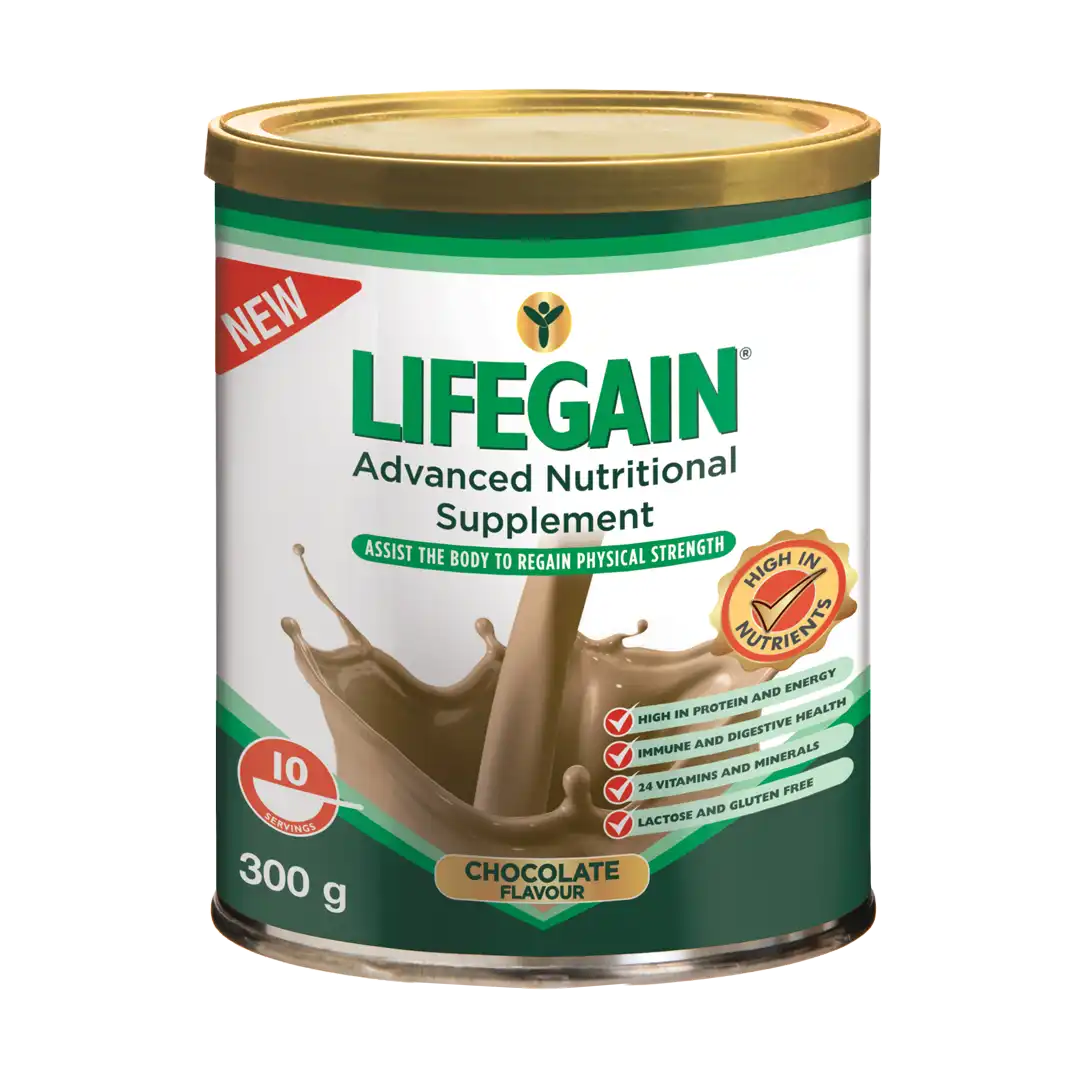 Front of Nativa Lifegain Chocolate Flavour Advanced Nutritional Supplement 300 g can with New banner