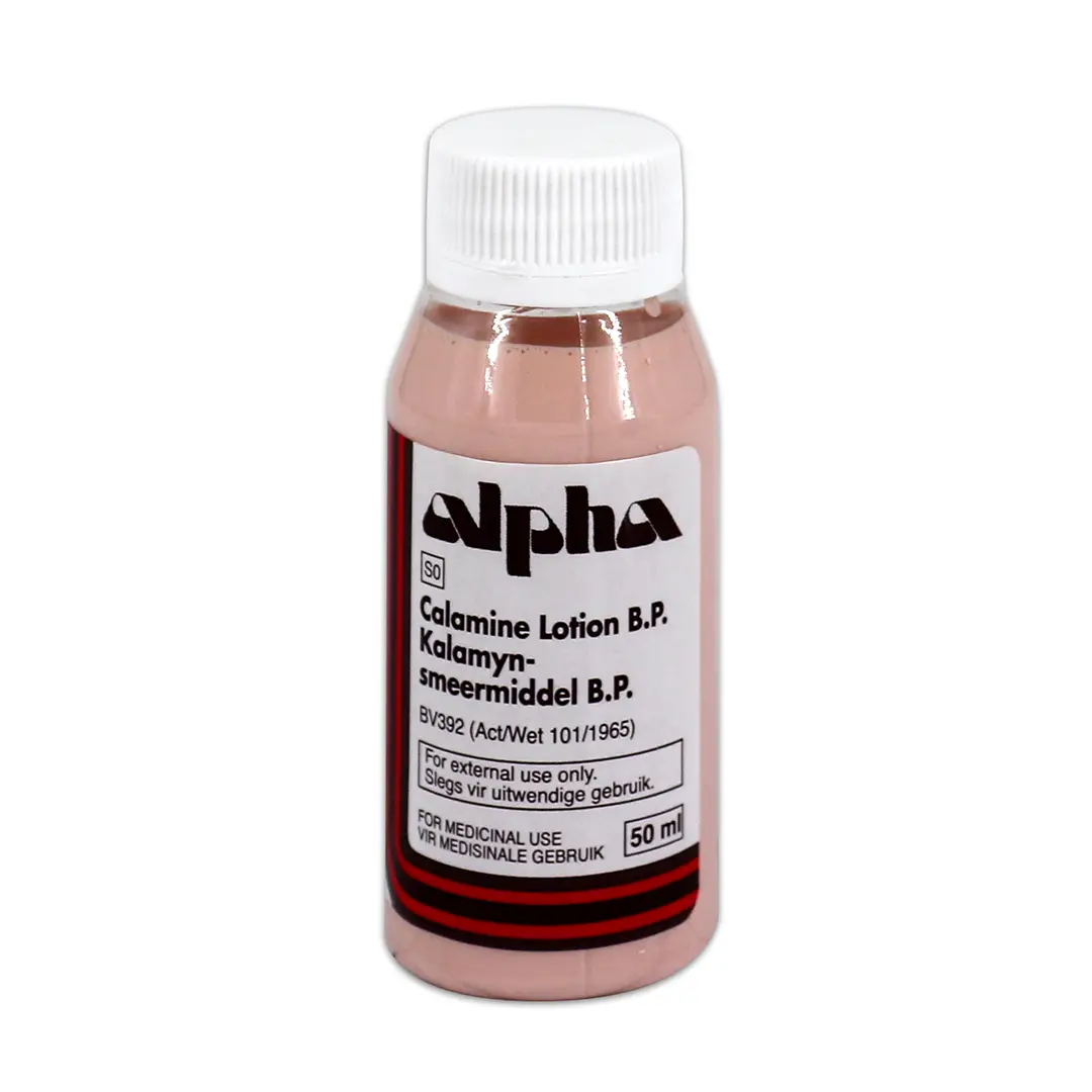 Front of Alpha Calamine Lotion B.P. 50 ml bottle