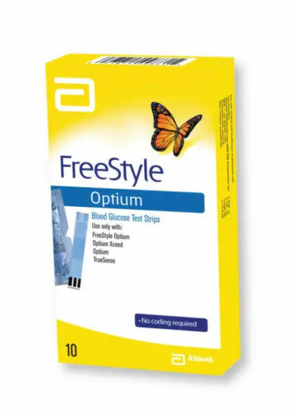 Angled view of FreeStyle Optium Blood Glucose Test Strips box, 10 strips