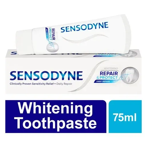 Sensodyne Repair & Protect Whitening Toothpaste 75ml tube and box, angled view