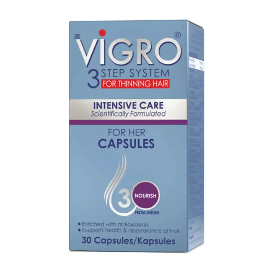 Angled front view of Vigro Intensive Care For Her Capsules 30 caps box
