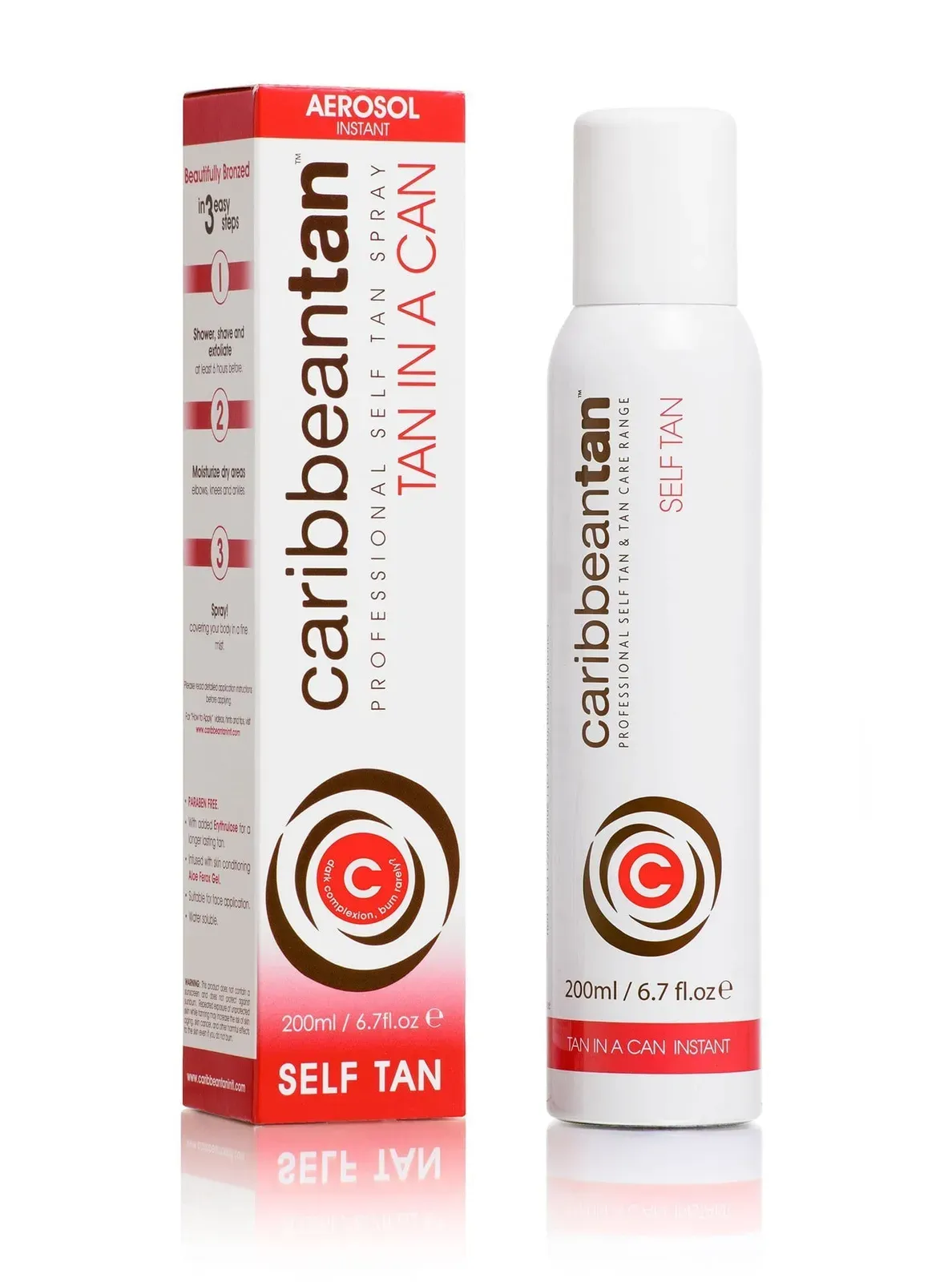 Front of Caribbean Tan Self Tan Aerosol box and can, 200 ml