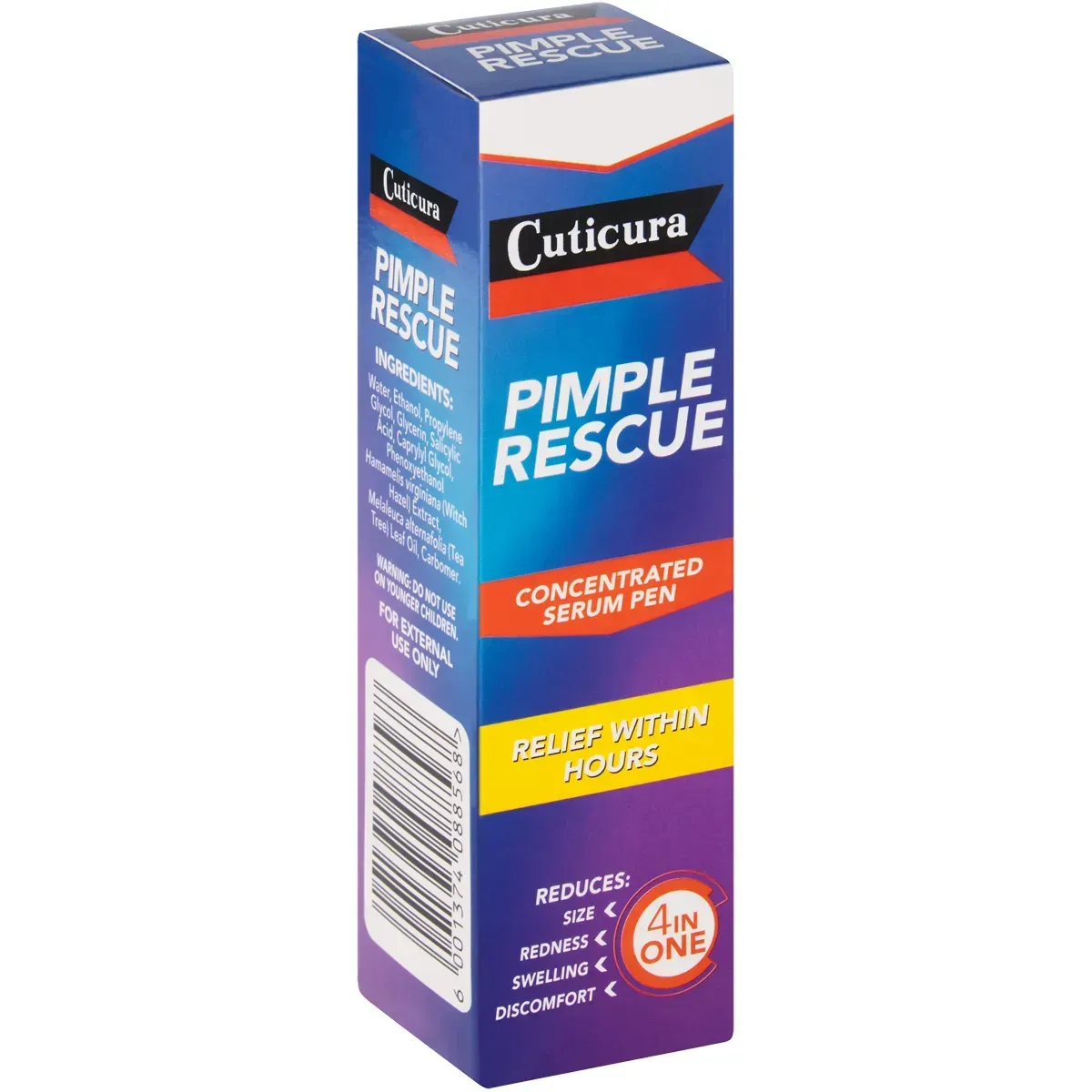 Front angled view of Cuticura Pimple Rescue Concentrated Serum Pen 10ml box on white background