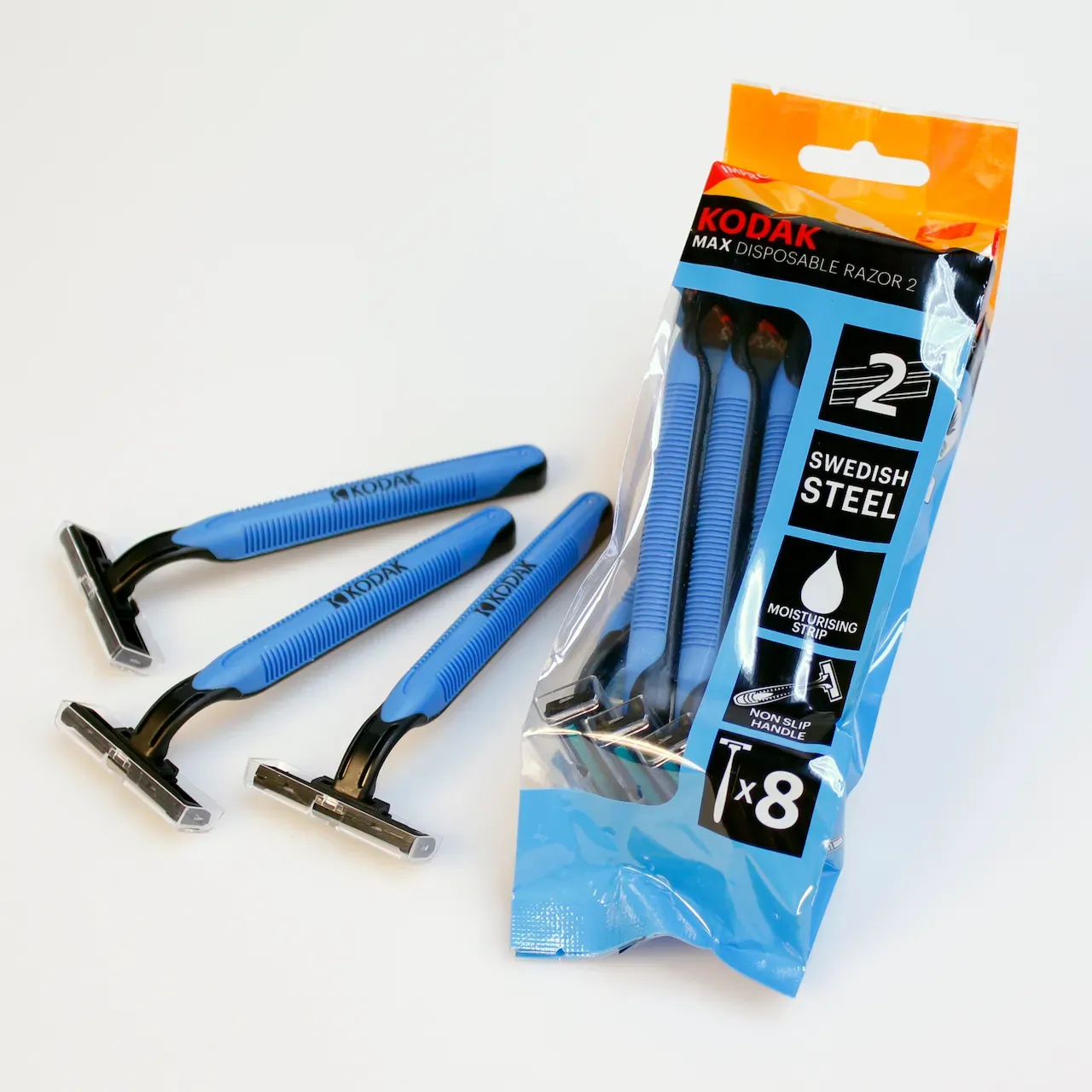 Angled view of Kodak Max Disposable Razor 2 blue pack x8 with razors displayed