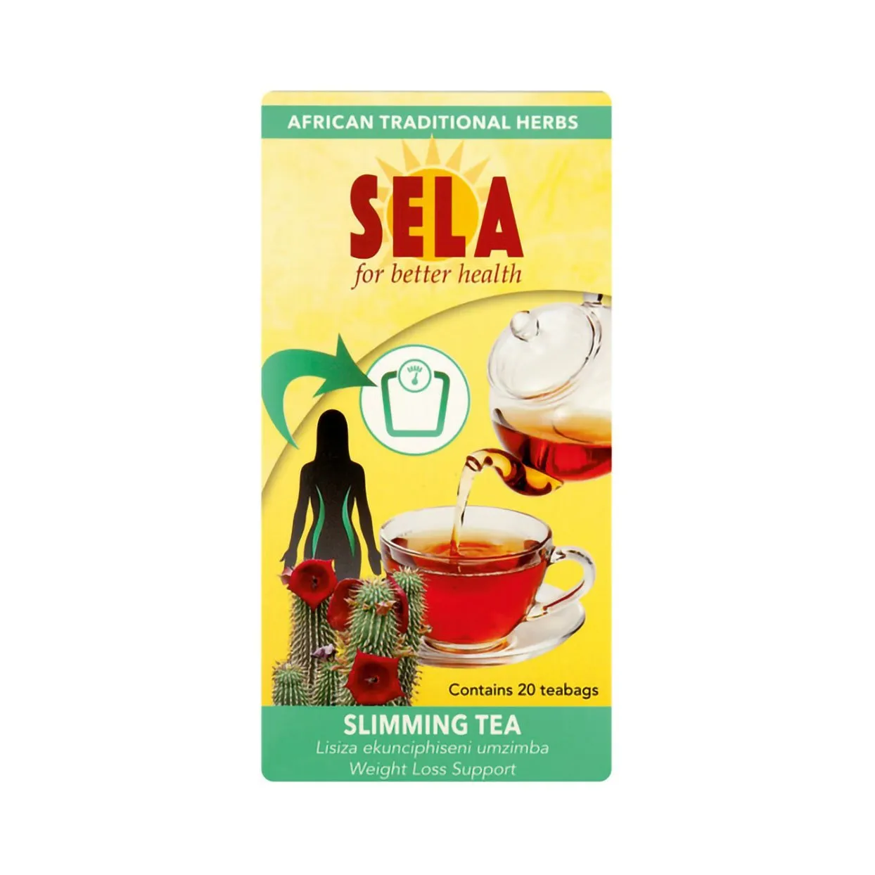 Front of Sela Slimming Tea box, 20 teabags