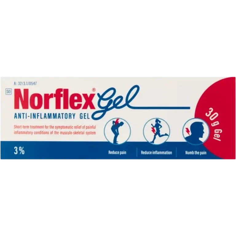 Front of Inova Norflex Anti-Inflammatory Gel 30 g box, clean studio shot